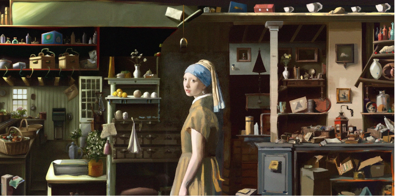 DALL·E, outpainted from Girl with a Pearl Earring by Johannes Vermeer